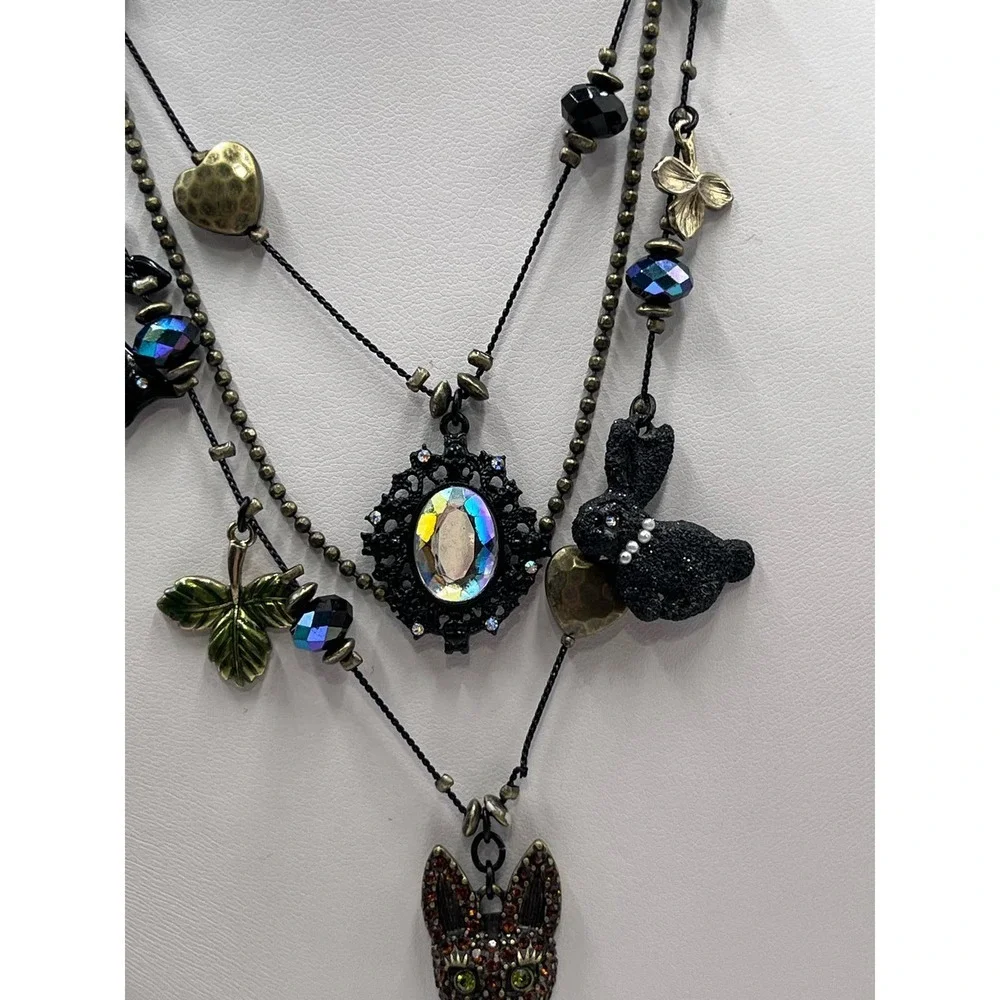 Betsey Johnson Dark‎ Forest Triple Strand Gunmetal Necklace Fox Rabbit Charms